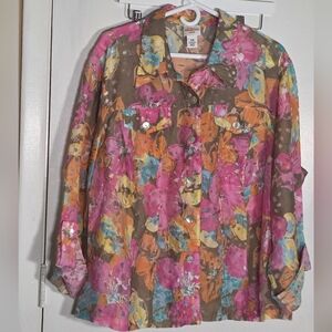 Ruby Rd Floral Button-Up Women Sheer Multi-color Top Size 20w
